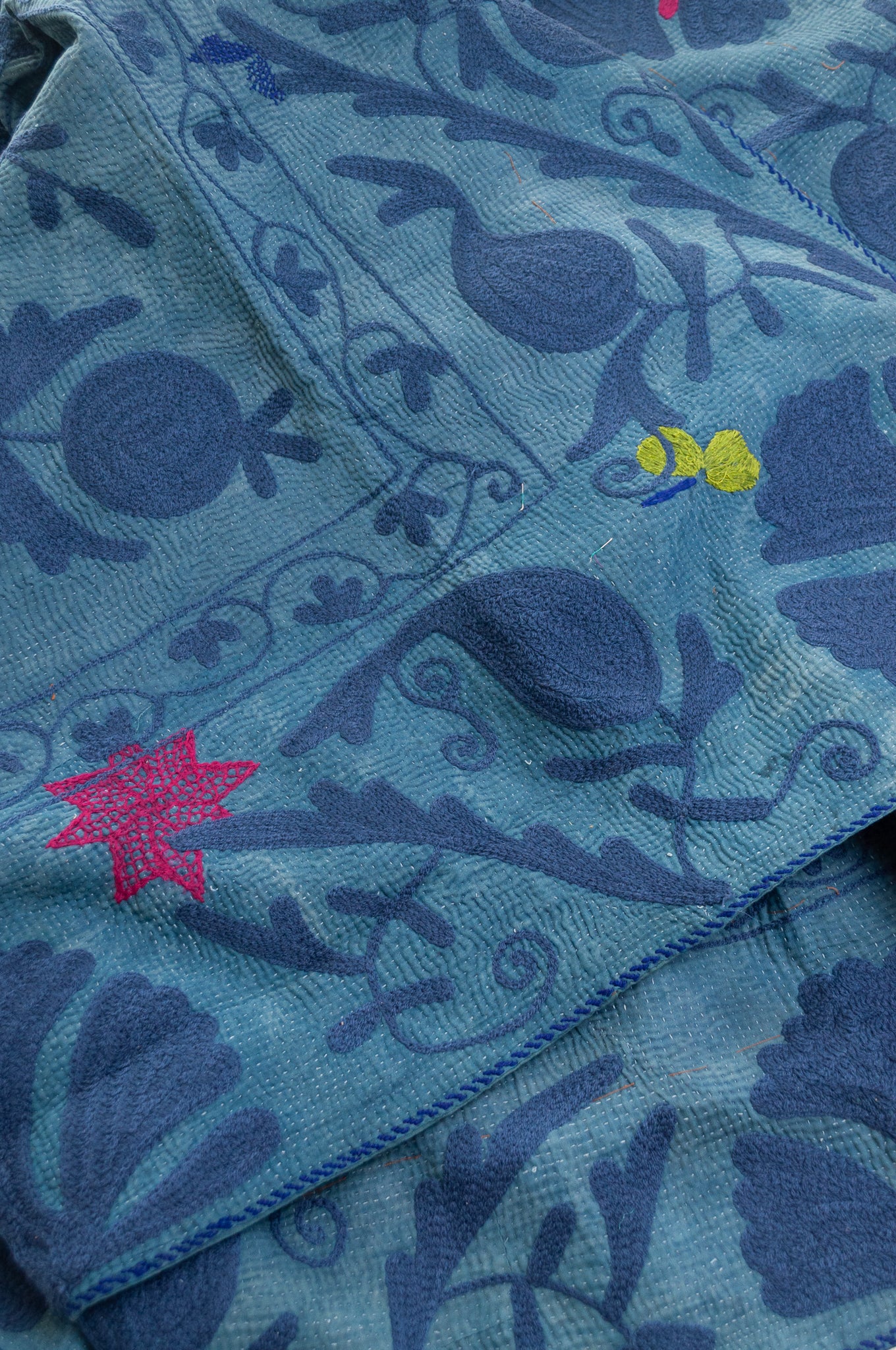 Suzani embroidered vintage kantha quilt - indigo multi