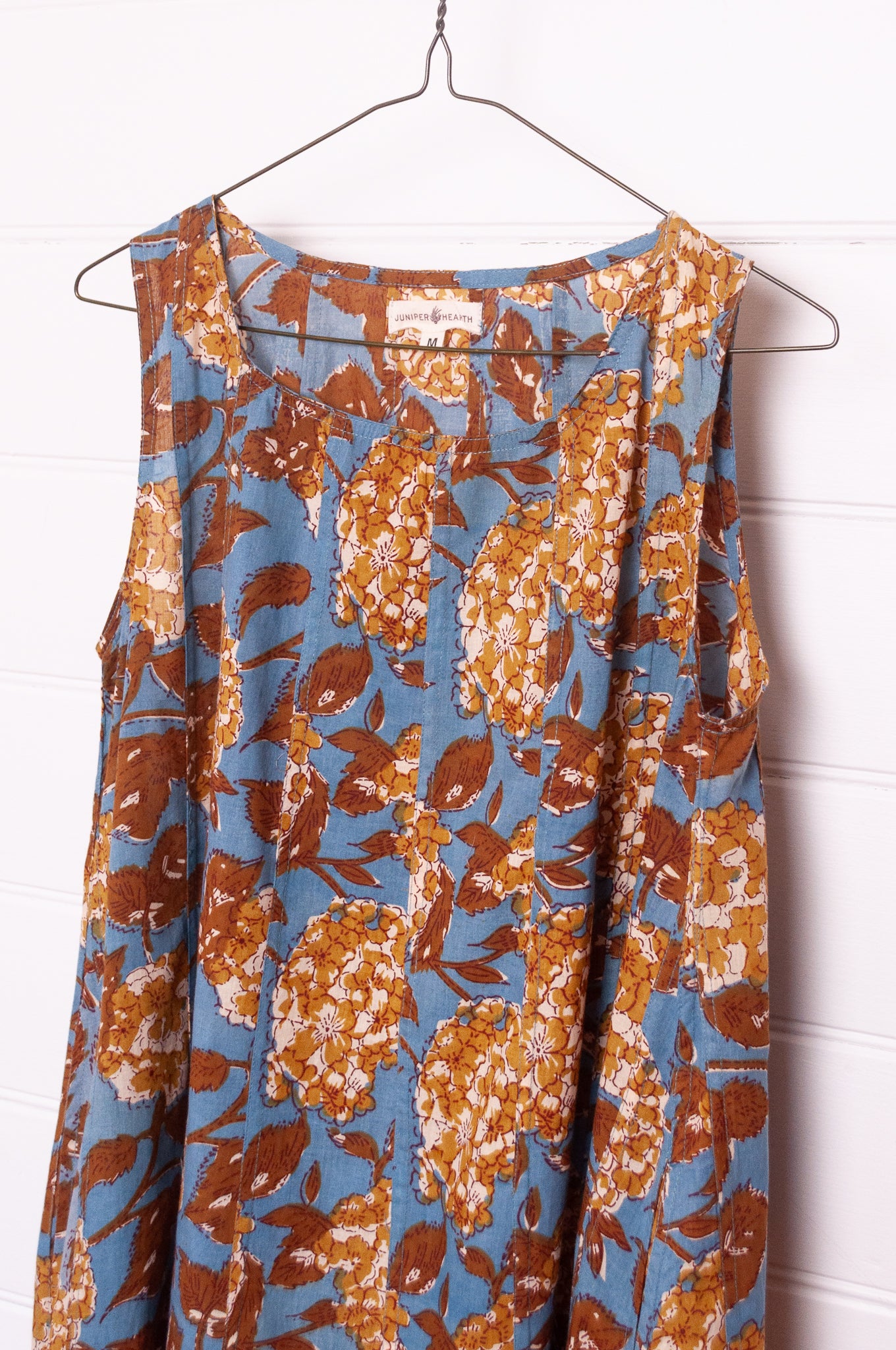 Juniper Hearth Tulsi cotton sleeveless sun dress blockprinted vintage mustard and olive hydrangea print on blue.