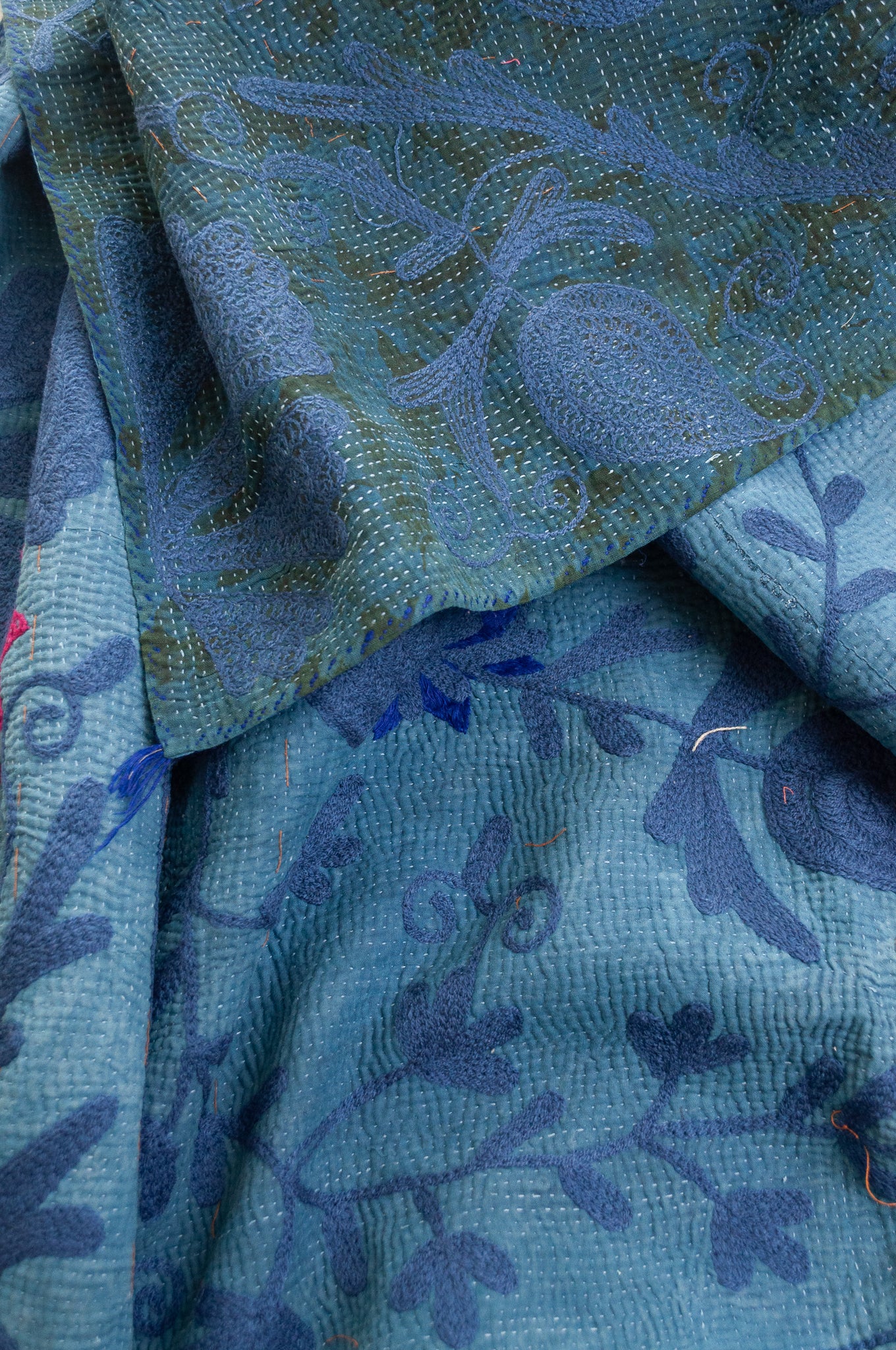 Suzani embroidered vintage kantha quilt - indigo multi