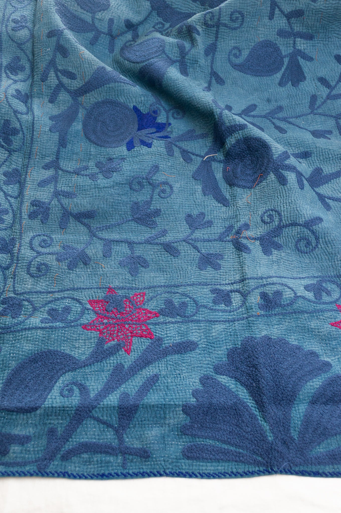 Suzani embroidered vintage kantha quilt - indigo multi