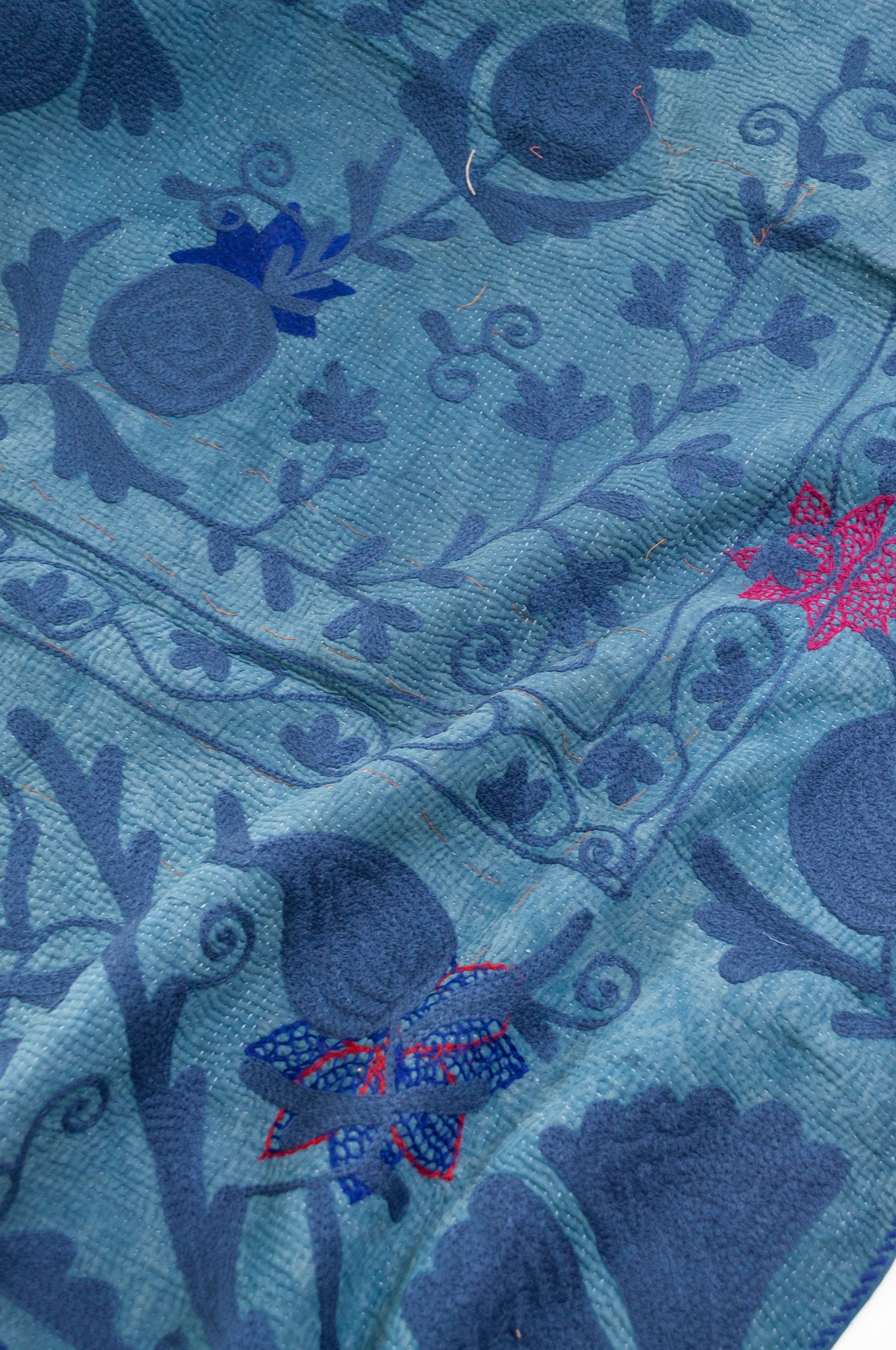 Suzani embroidered vintage kantha quilt - indigo multi