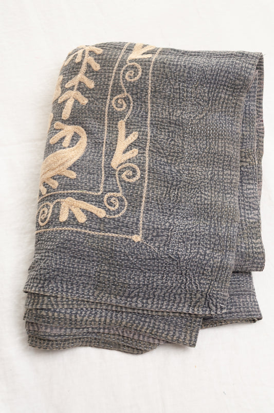 Suzani embroidered vintage kantha quilt floral design in pewter grey with vanilla cream embroidery.