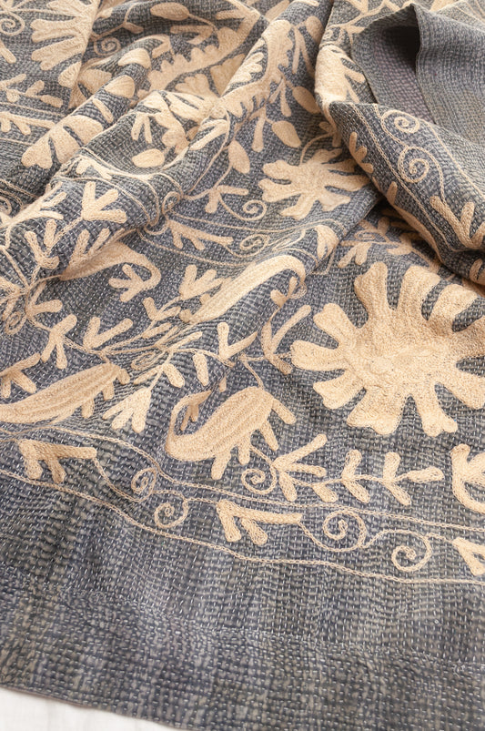 Suzani embroidered vintage kantha quilt floral design in pewter grey with vanilla cream embroidery.