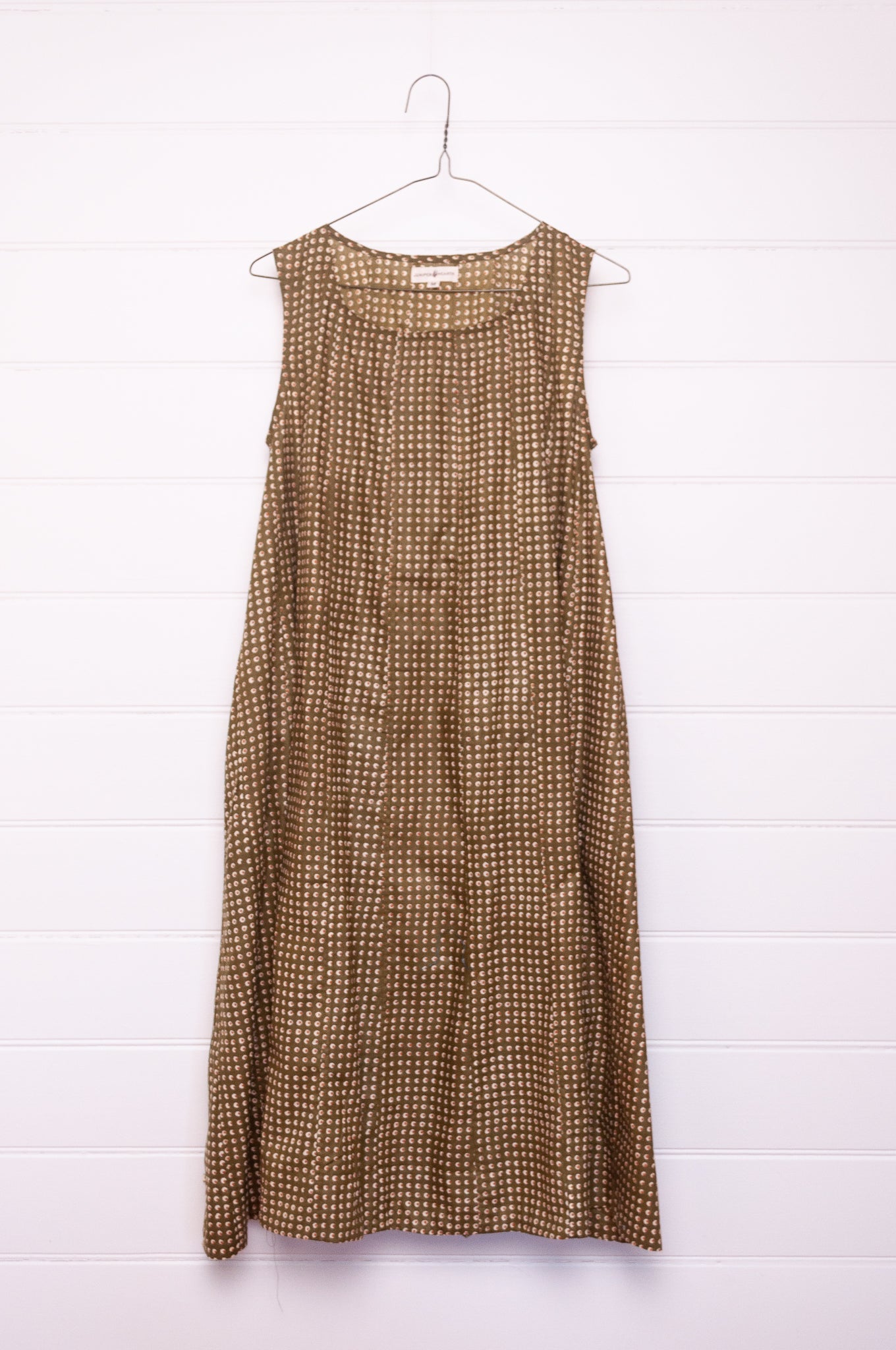 Juniper Hearth Tulsi cotton sleeveless sun dress screenprinted dots on olive green.