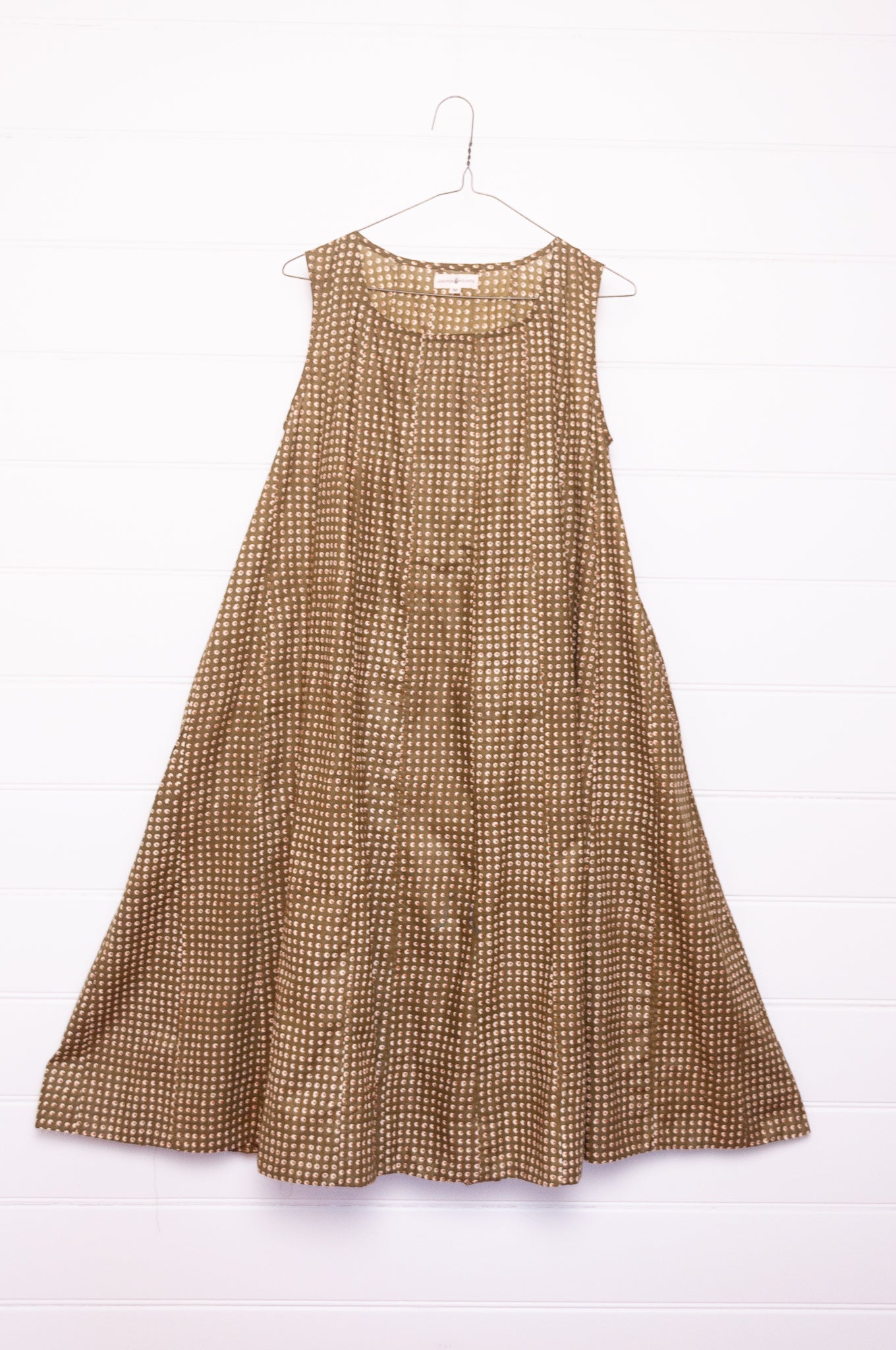 Juniper Hearth Tulsi cotton sleeveless sun dress screenprinted dots on olive green.