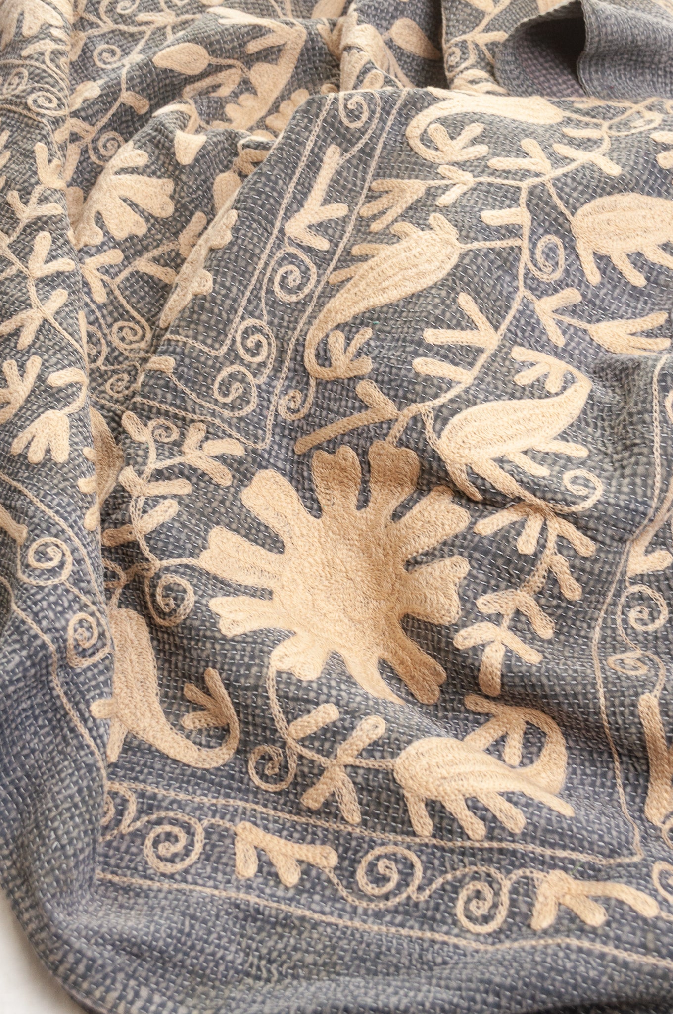 Suzani embroidered vintage kantha quilt floral design in pewter grey with vanilla cream embroidery.