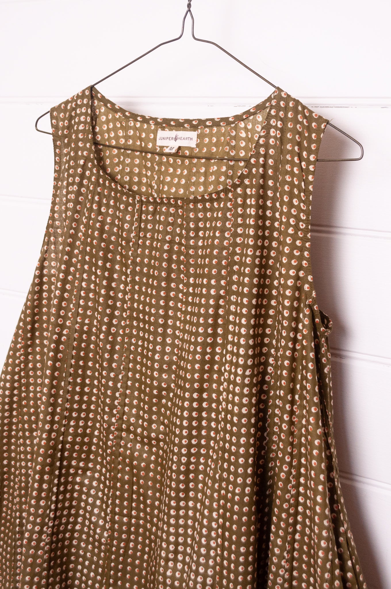 Juniper Hearth Tulsi cotton sleeveless sun dress screenprinted dots on olive green.