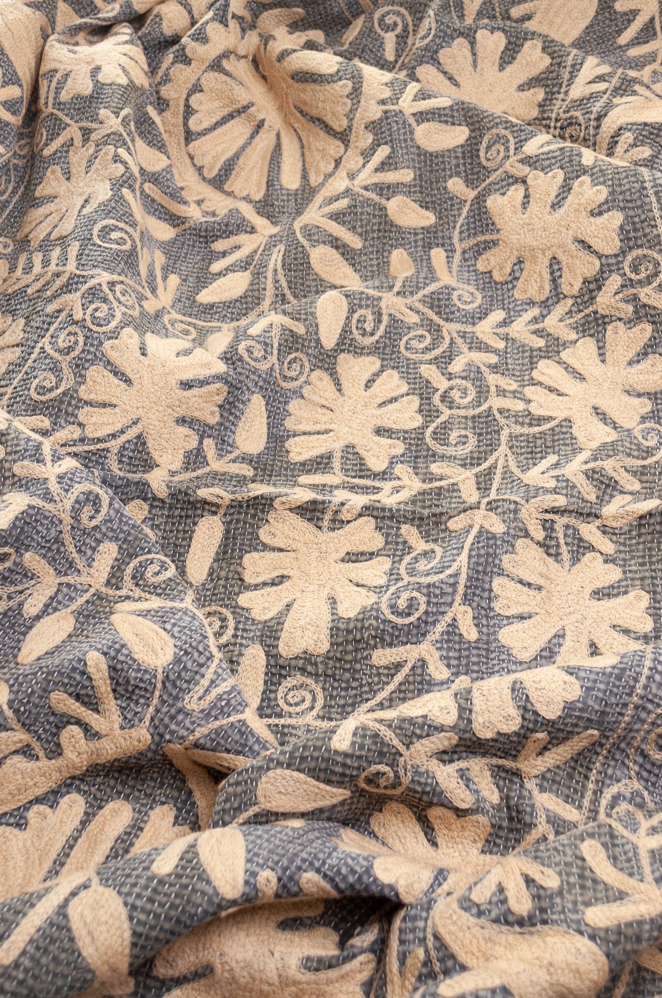 Suzani embroidered vintage kantha quilt floral design in pewter grey with vanilla cream embroidery.