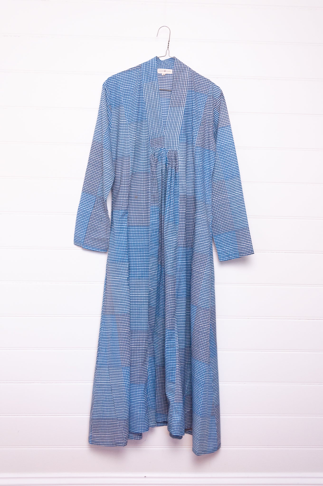 Multi-check long sleeved maxi tunic cotton dress in shades of blue and grey.