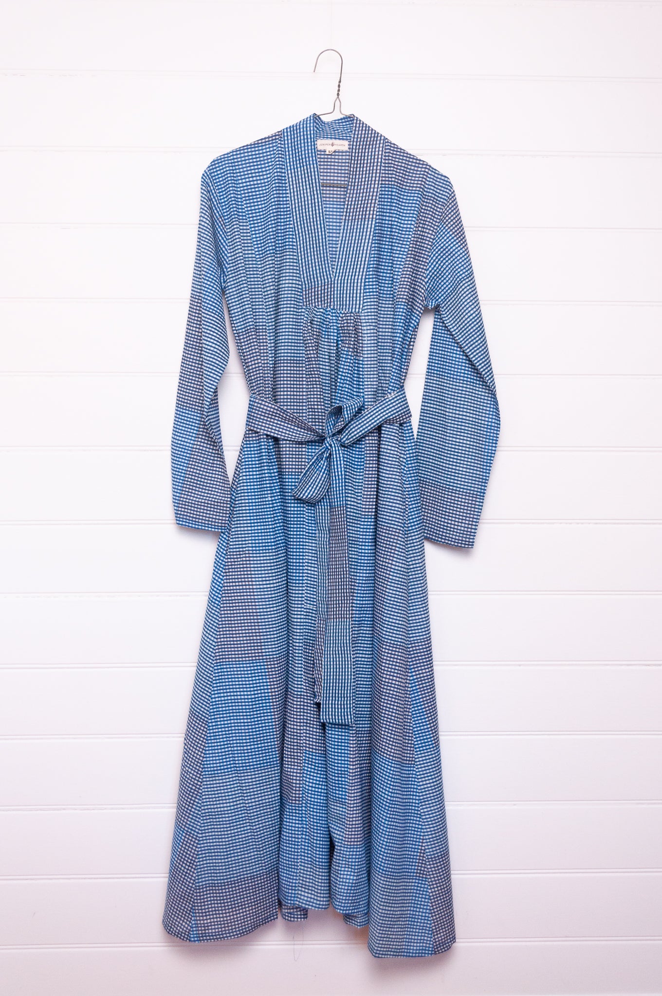Multi-check long sleeved maxi tunic cotton dress in shades of blue and grey.