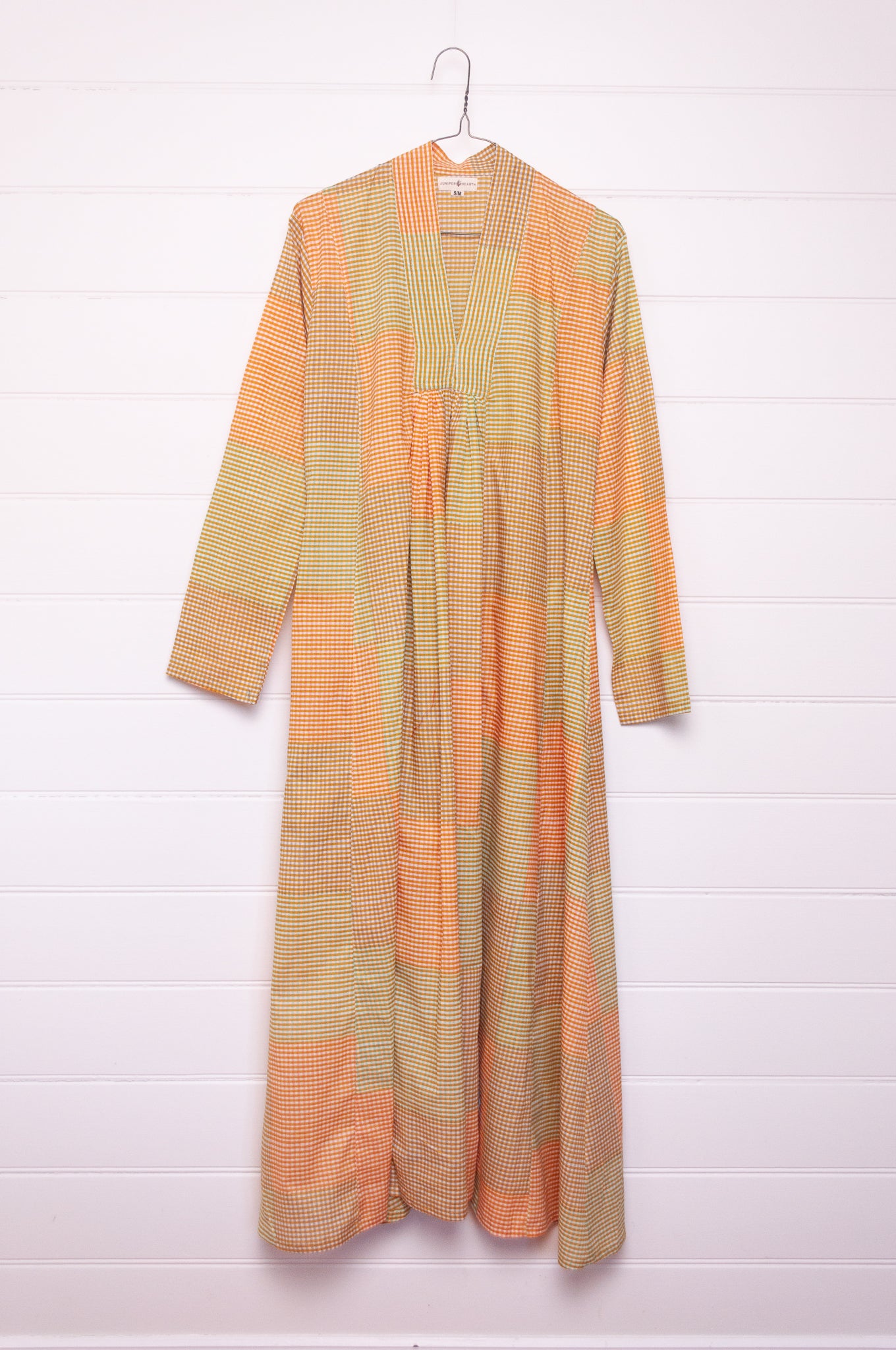 Multi-check long sleeved maxi tunic cotton dress in citrus shades of lemon, orange and lime.