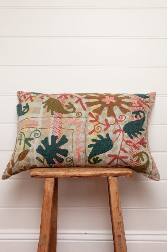 Suzani embroidered vintage kantha quilt bolster cushion, musteard, teal, rust floral design.