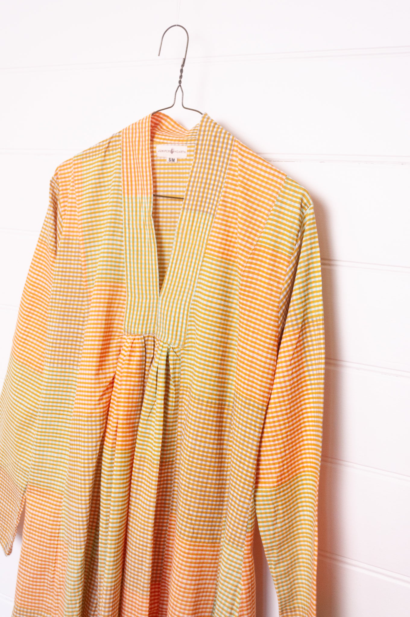 Multi-check long sleeved maxi tunic cotton dress in citrus shades of lemon, orange and lime.