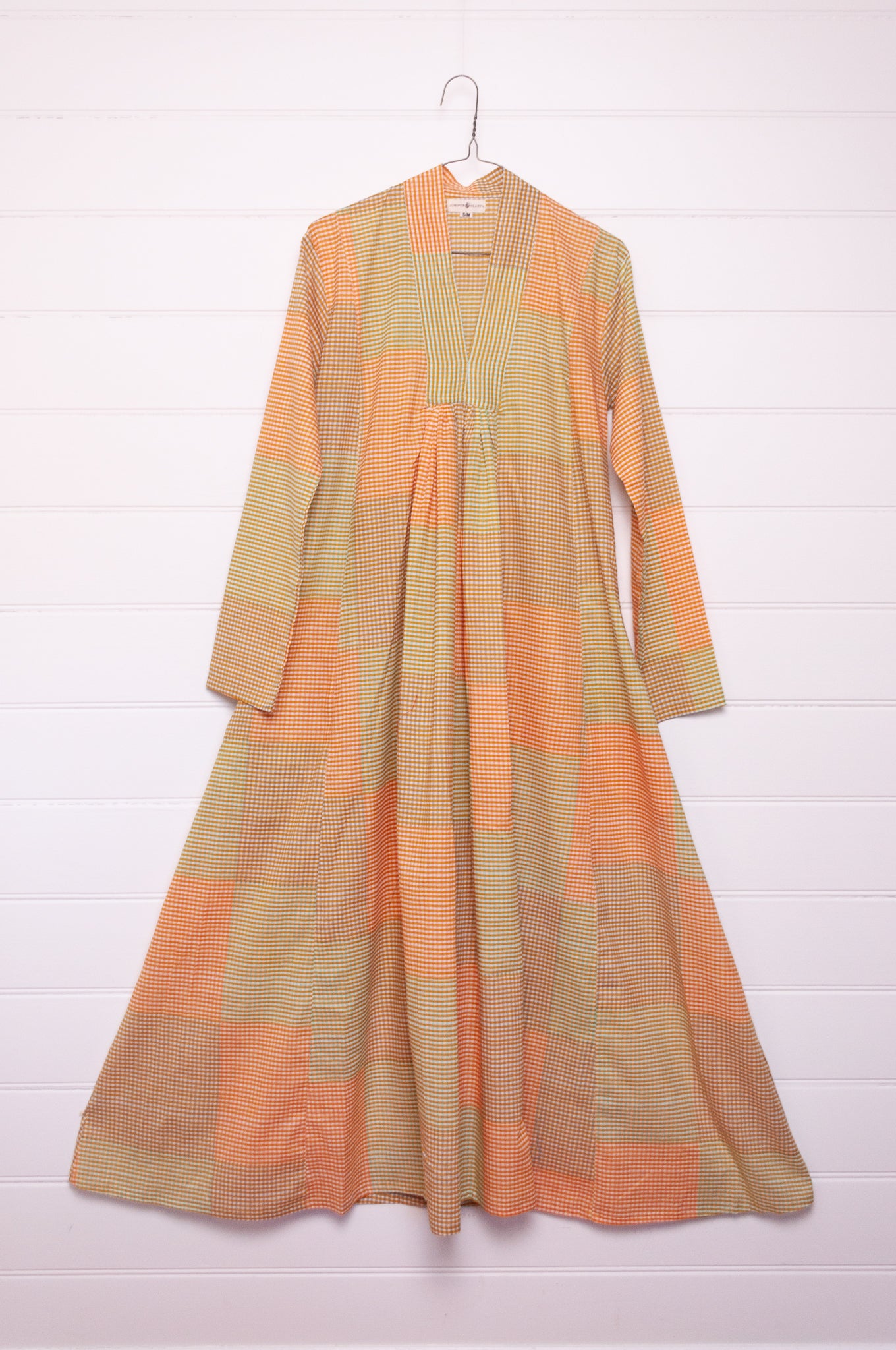 Multi-check long sleeved maxi tunic cotton dress in citrus shades of lemon, orange and lime.