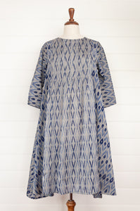 Neeru Kumar ikat weave cotton dress with long sleeves, pintucked bodice and panelled flared skirt.