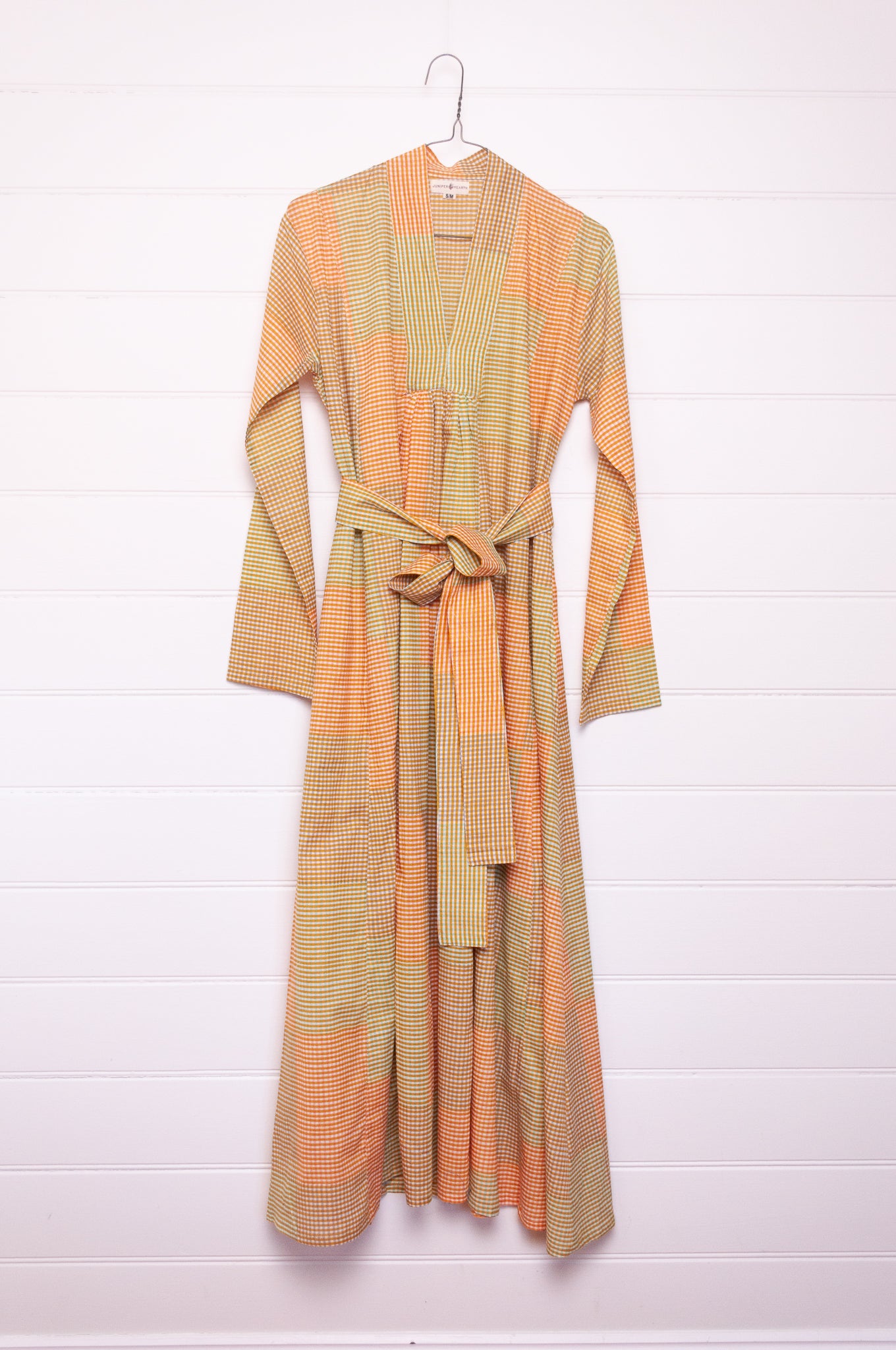 Multi-check long sleeved maxi tunic cotton dress in citrus shades of lemon, orange and lime.