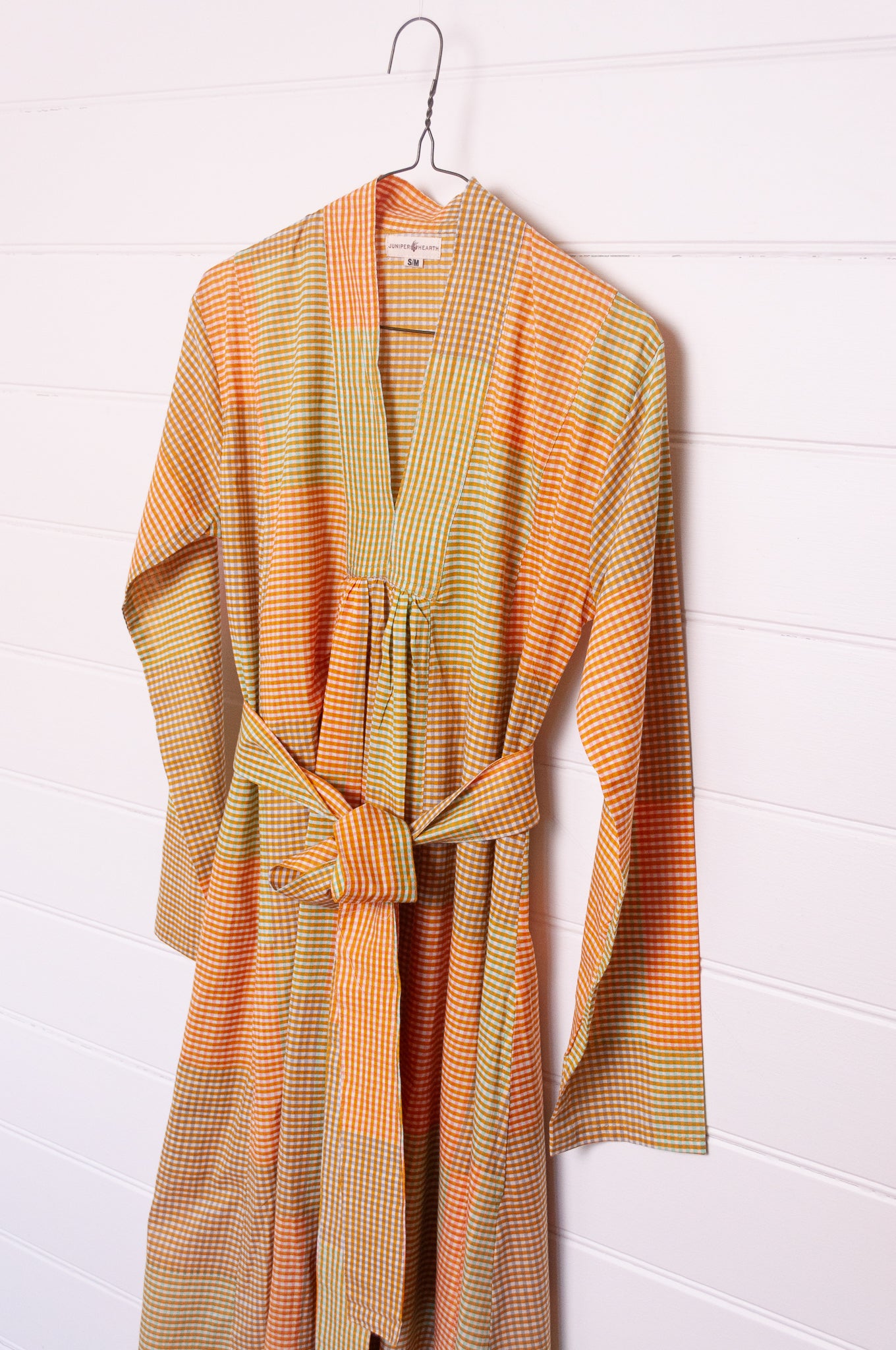 Multi-check long sleeved maxi tunic cotton dress in citrus shades of lemon, orange and lime.