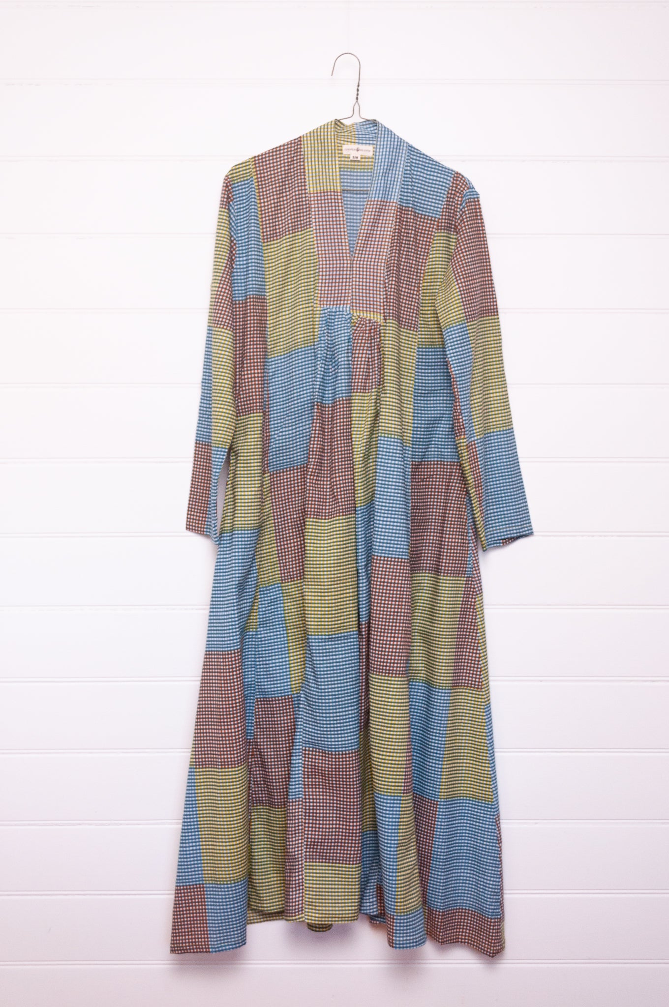 Multi-check multi-coloured long sleeved maxi tunic cotton dress.