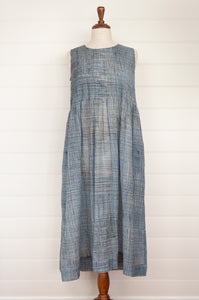 Neeru Kumar sleeveless cotton sundress in light denim blue, handpainted fabric.