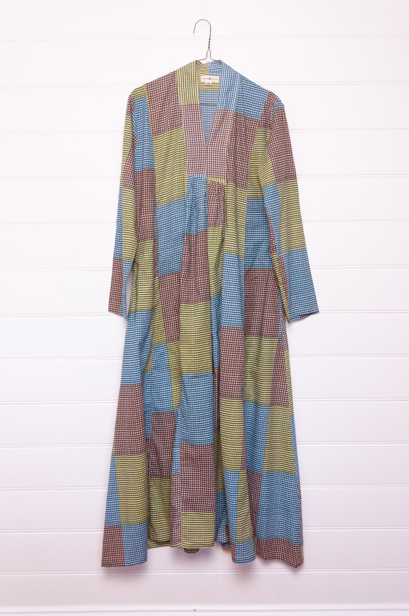 Multi-check multi-coloured long sleeved maxi tunic cotton dress.