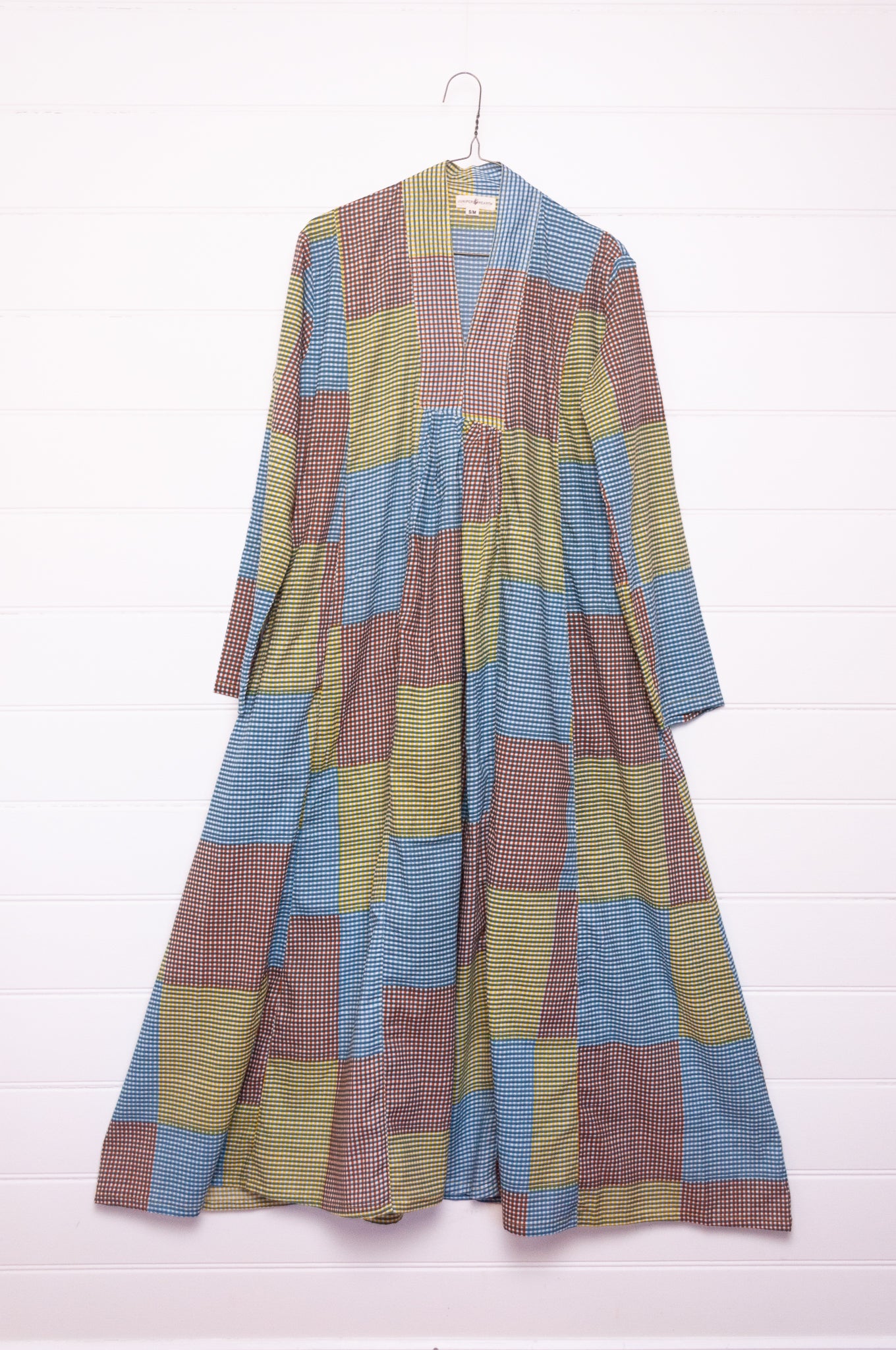 Multi-check multi-coloured long sleeved maxi tunic cotton dress.