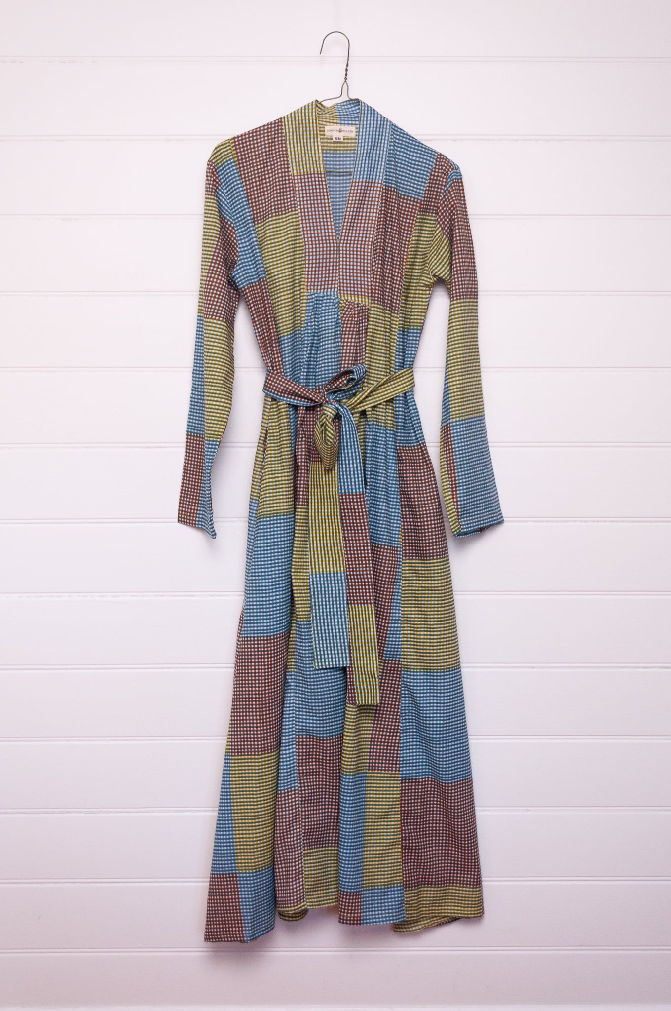 Multi-check multi-coloured long sleeved maxi tunic cotton dress.