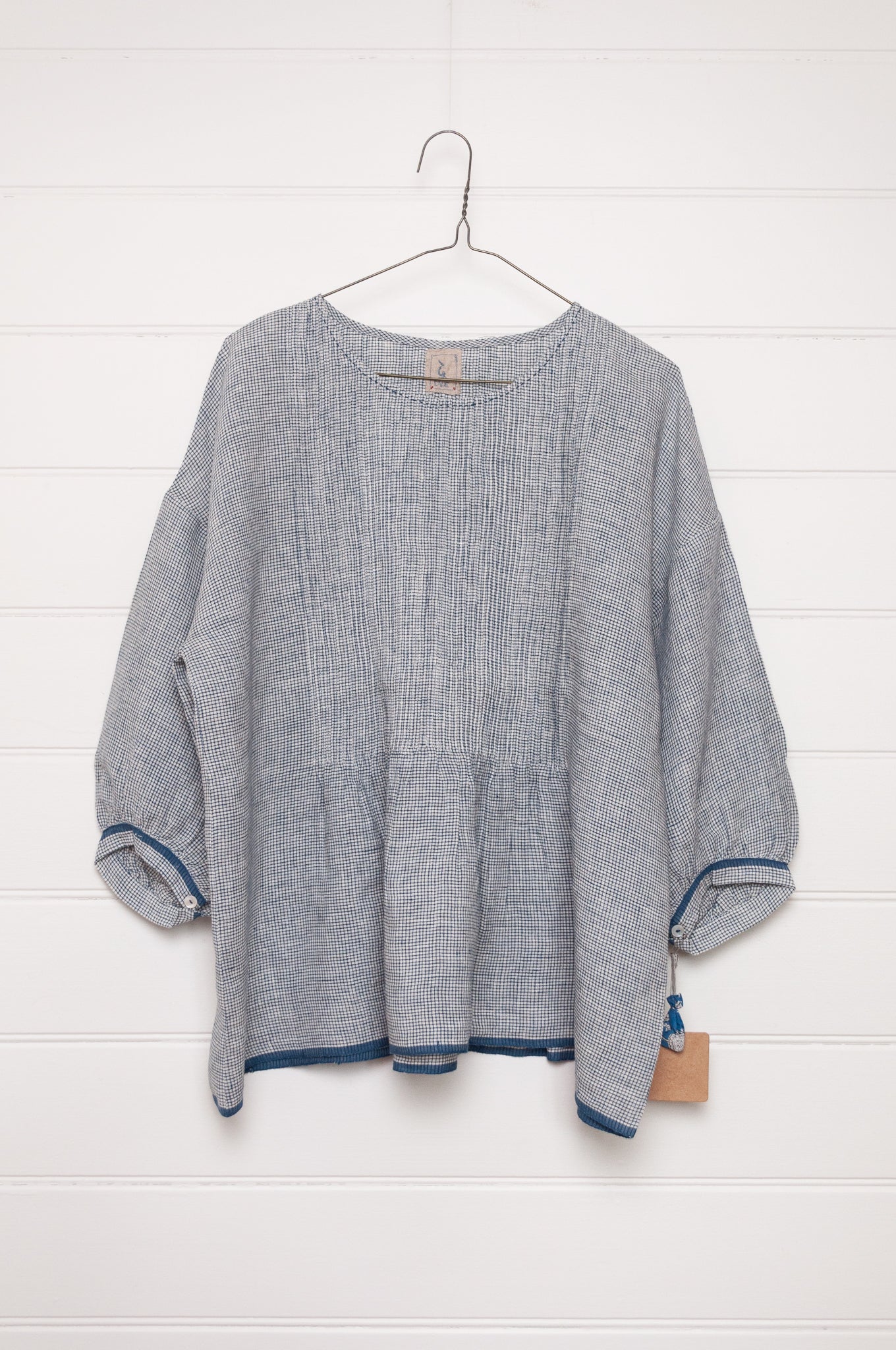 DVE Anisha linen pintucked top in  blue and white check.