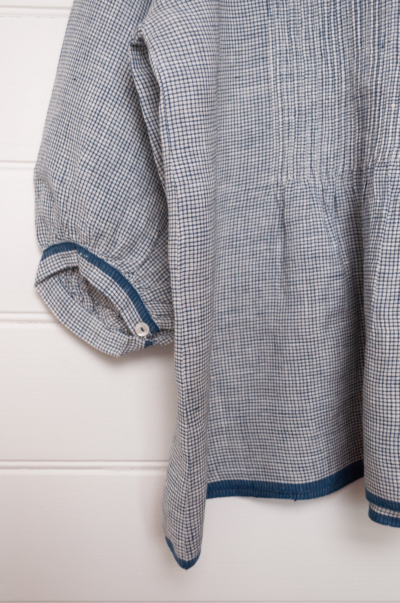 DVE Anisha linen pintucked top in  blue and white check.