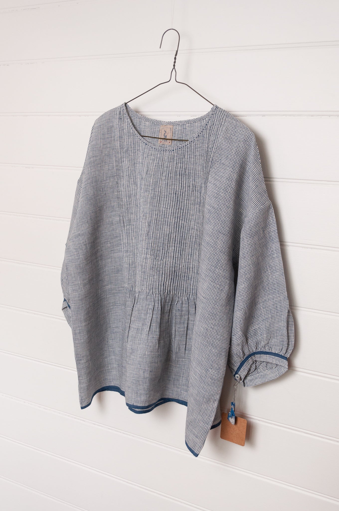 DVE Anisha linen pintucked top in  blue and white check.