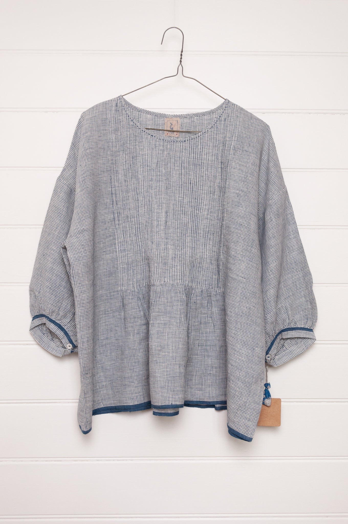 DVE Anisha linen pintucked top in  blue and white check.