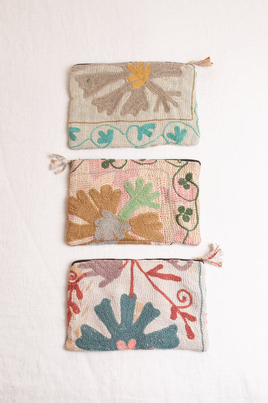 Vintage kantha pouch - Suzani silver