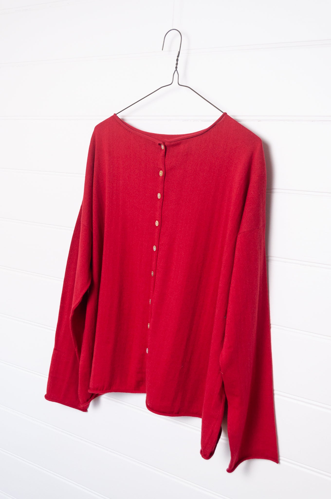 Cotton cashmere one size button up cardigan in scarlet red.
