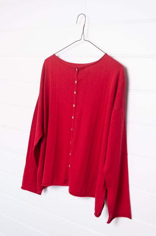 Cotton cashmere one size button up cardigan in scarlet red.