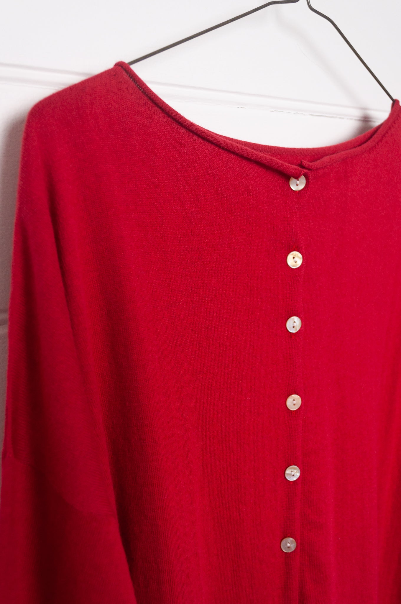 Cotton cashmere one size button up cardigan in scarlet red.