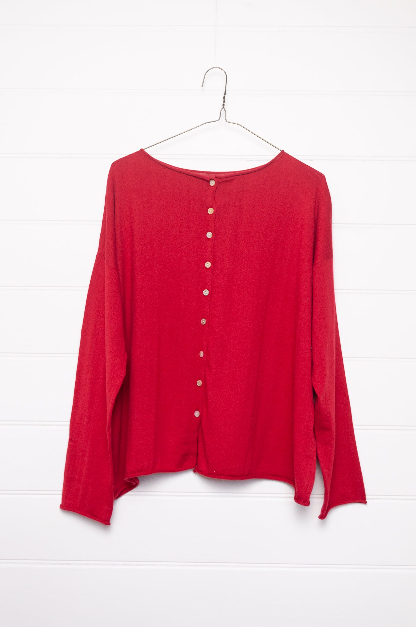 Cotton cashmere one size button up cardigan in scarlet red.