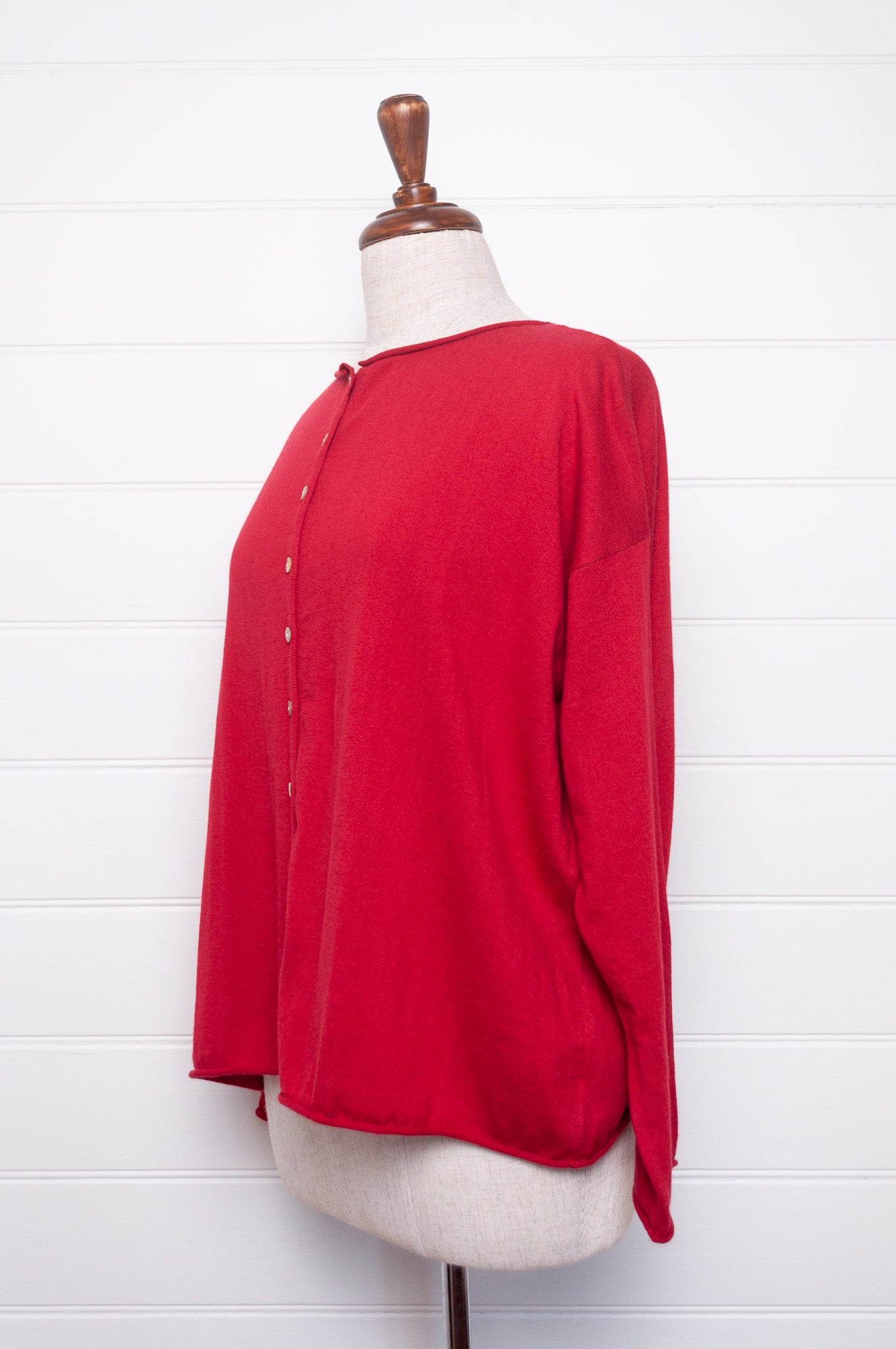 Cotton cashmere one size button up cardigan in scarlet red.