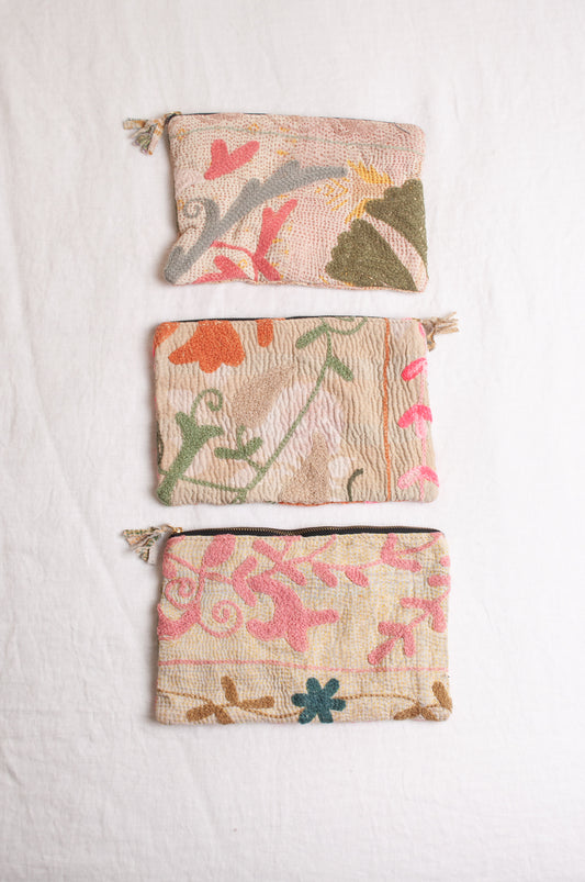 Vintage kantha pouch - Suzani lemon