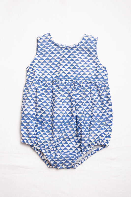 Juni Kids pure cotton blockprint baby romper in cobalt blue triangles on white.