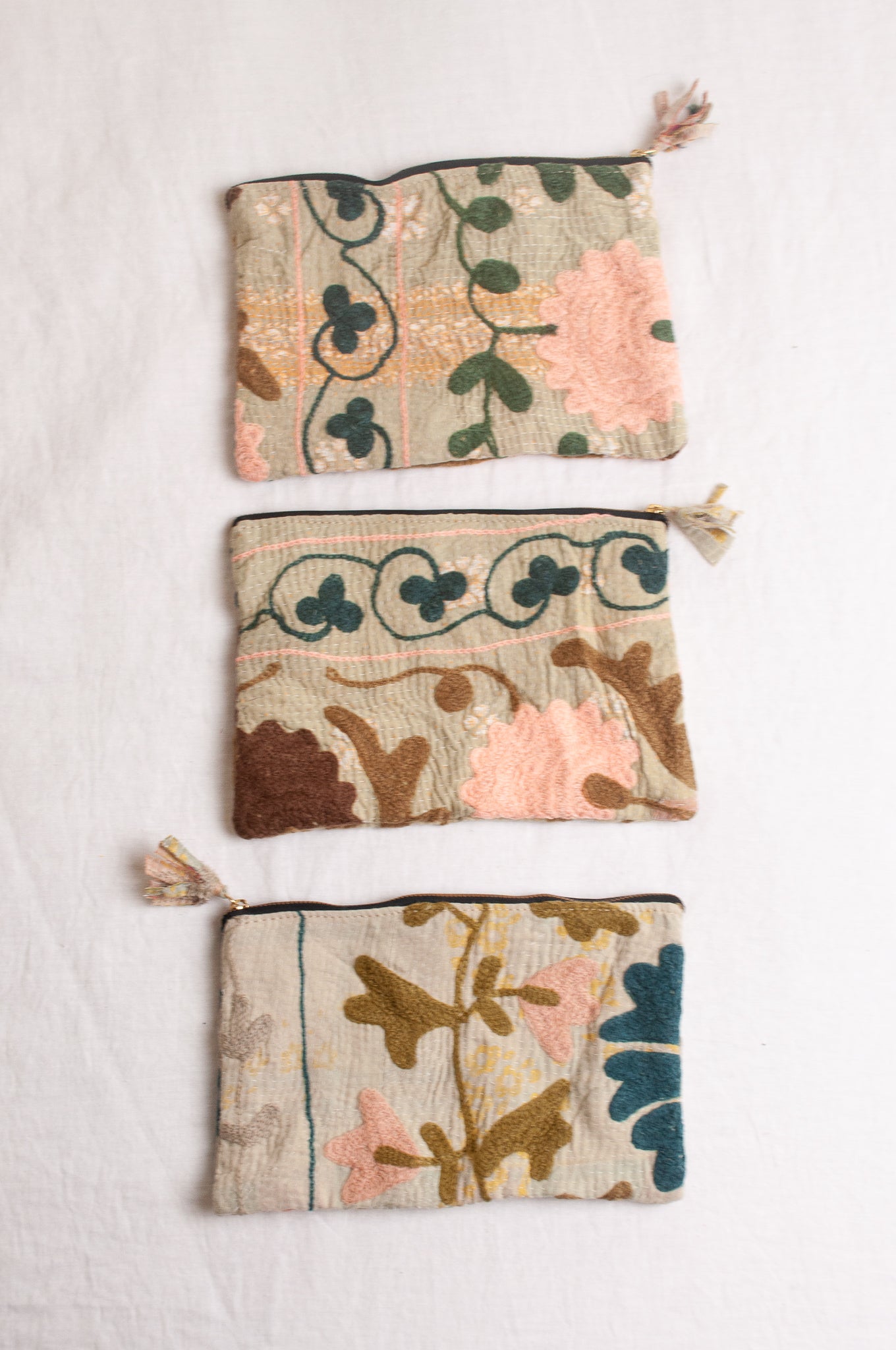 Vintage kantha quilt Suzani embroidered cotton zippered pouch.