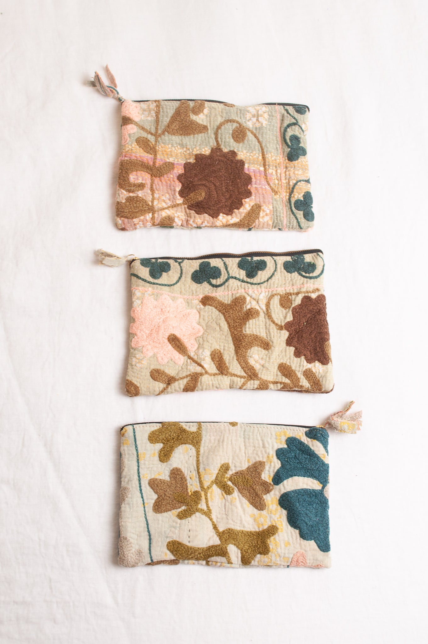 Vintage kantha quilt Suzani embroidered cotton zippered pouch.