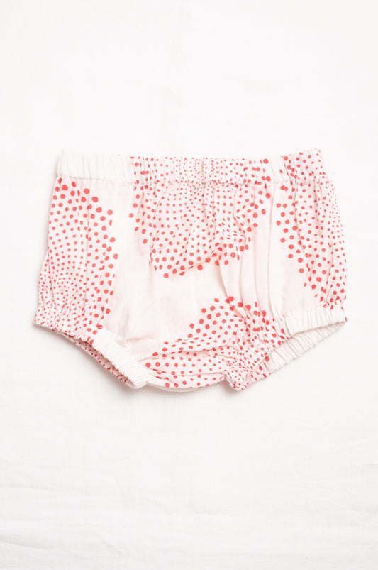 Juni Kids pure cotton blockprint baby toddler bloomers in red dot circle print on white.