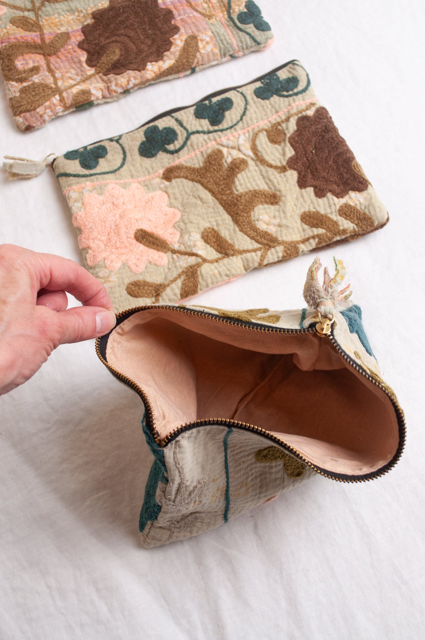Vintage kantha quilt Suzani embroidered cotton zippered pouch.