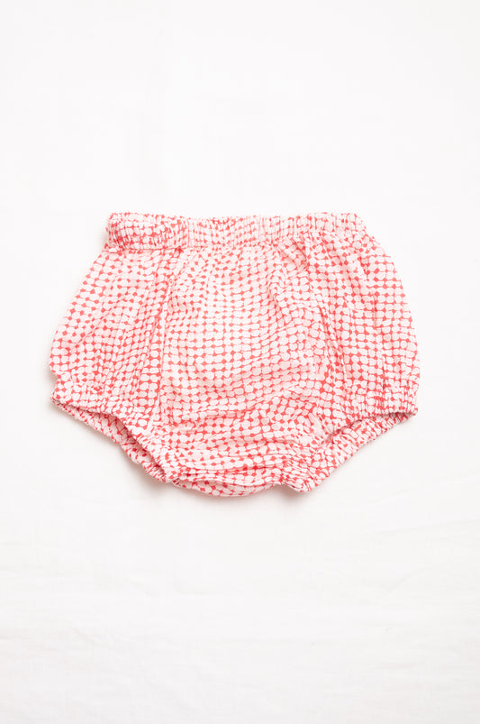 Juni Kids pure cotton blockprint baby toddler bloomers in red on white dot pattern.