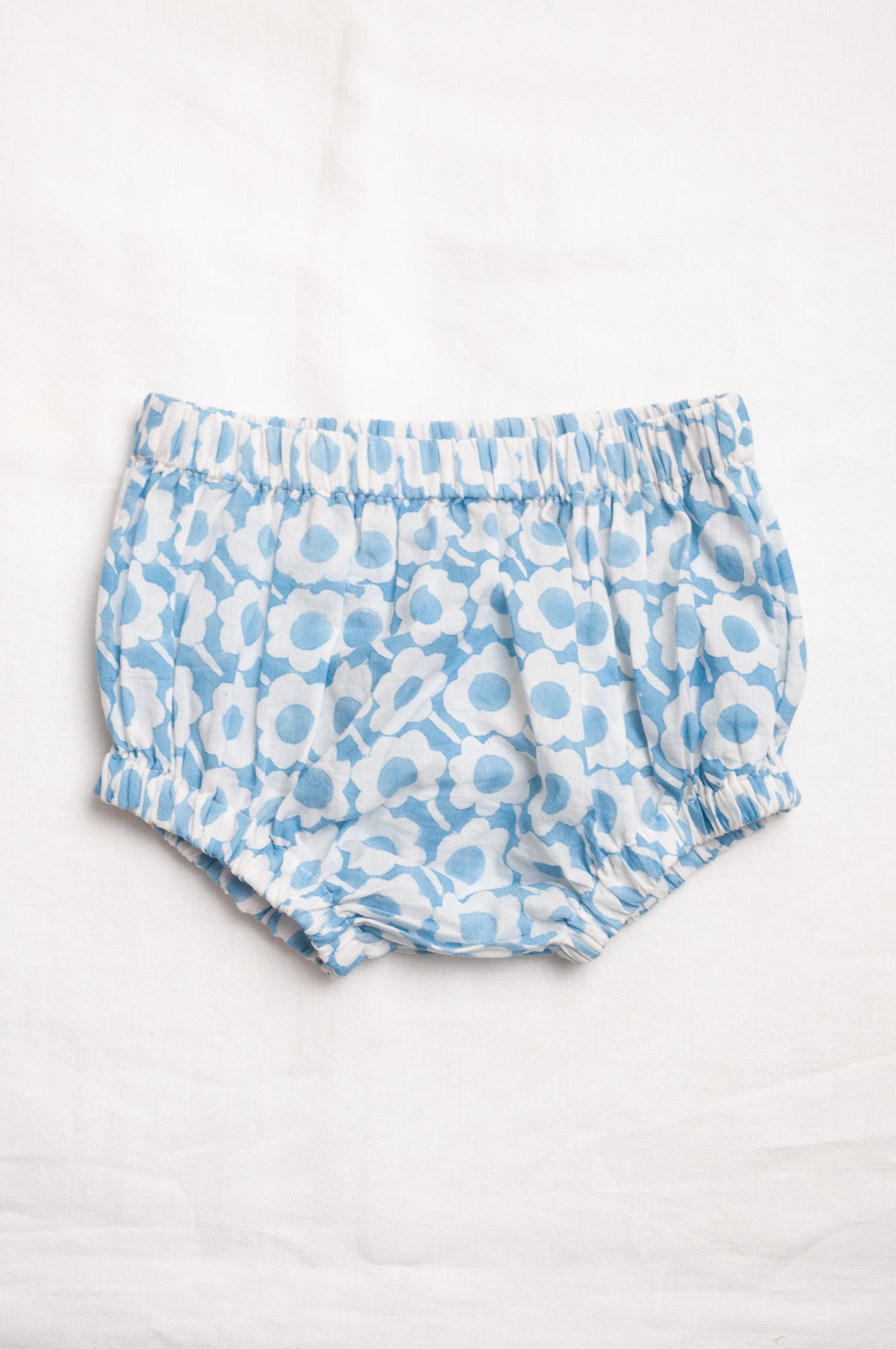 Juni Kids pure cotton blockprint baby toddler bloomers in light blue and white flower print.
