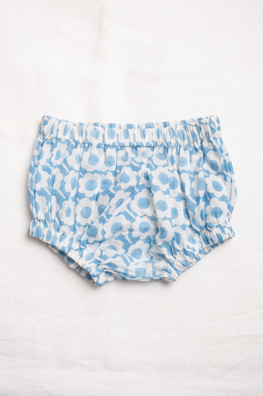 Juni Kids pure cotton blockprint baby toddler bloomers in light blue and white flower print.
