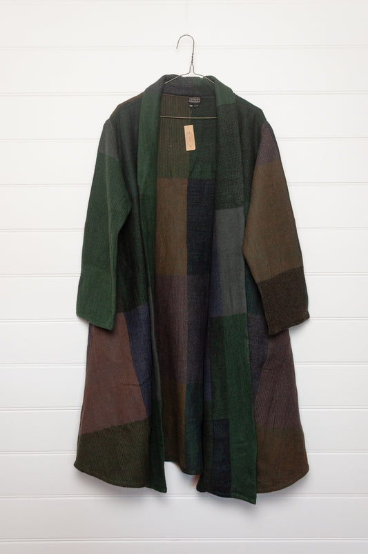 Neeru Kumar handwoven wool cardigan jacket coat in multicolor block pattern of browns and greens.