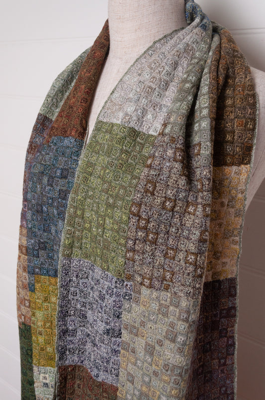 Sophie Digard crocheted wool and linen scarf in crazy patchwork Tundra palette.
