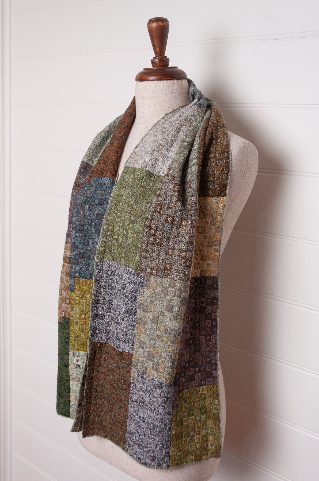 Sophie Digard crocheted wool and linen scarf in crazy patchwork Tundra palette.