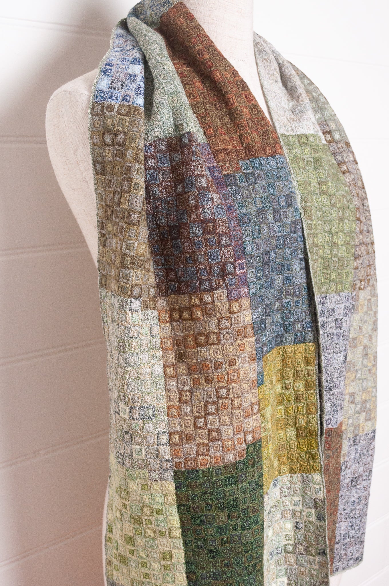 Sophie Digard crocheted wool and linen scarf in crazy patchwork Tundra palette.