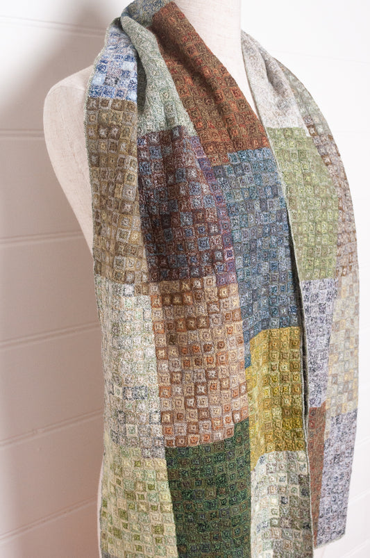 Sophie Digard crocheted wool and linen scarf in crazy patchwork Tundra palette.